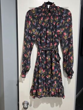 cinq a sept Black Floral Smocked Neck Long Sleeve Dress